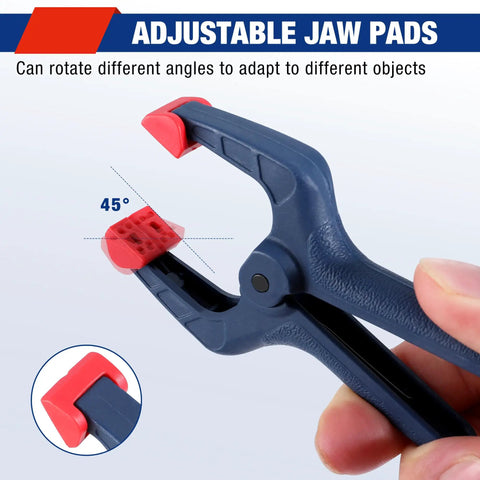 16 Piece Nylon Spring Clamp Set With 3 3/8 Inch Adjustable Jaw Pads for Woodworking, showing 45-degree rotating jaw.