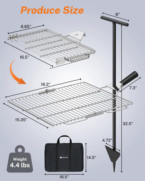 Portable Campfire Grill Grate For Fire Pit Foldable Stainless Steel With Height Adjustable Legs diagram and carry bag