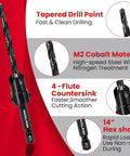 Hella Tough Fifteen Piece Hss Countersink Drill Bit Set For Wood Featuring Three Eighth And Half Inch Plug Cutters on a red background, showcasing features.