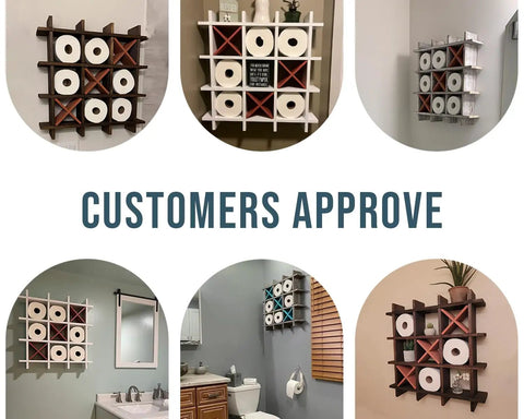 Rustic Tic Tac Toe Toilet Paper Holder And Farmhouse Bath Shelf Distressed White Storage installed in various bathrooms