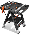 Solid 2 In 1 Folding Workbench And Sawhorse Hybrid With Snap Lock Clamps Dowel Stops Built Ruler Protractor visible from side angle
