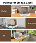 Portable Countertop Dishwasher With Clear Window And Three Auto Wash Modes Fits Four Plates in kitchen, apartment, and RV settings.