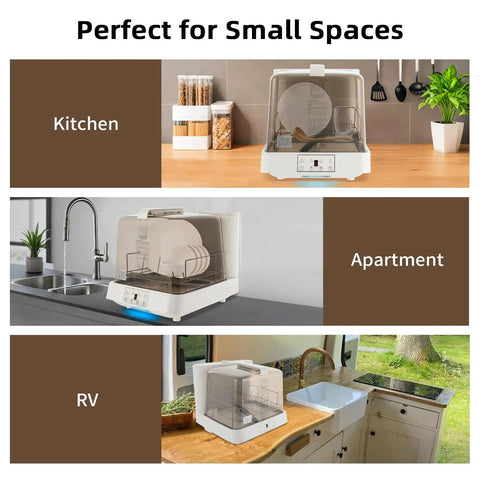 Portable Countertop Dishwasher With Clear Window And Three Auto Wash Modes Fits Four Plates in kitchen, apartment, and RV settings.