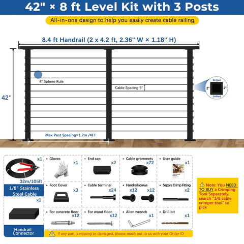 42" x 8 ft Level Kit with 3 Posts for Totally Modular Cable Railing Kit For Decks And Patios Featuring 42 Inch Stainless Wire Posts.