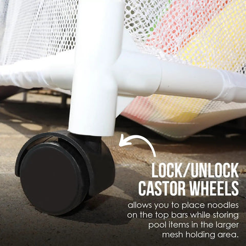 Weather Resistant Pool Storage Organizer Bin With Mesh Rolling Double Deck Rack Noodle Holder caster wheel close-up
