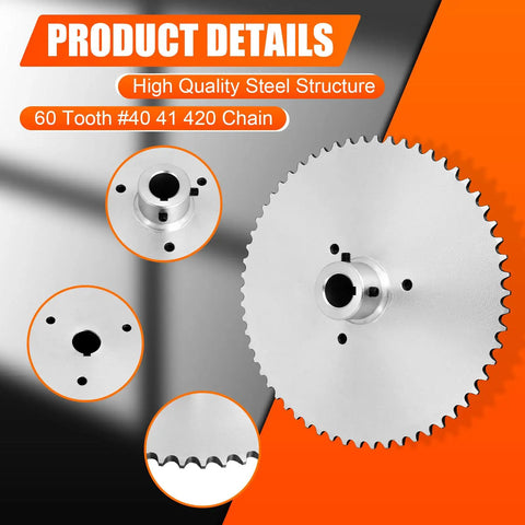 60 Tooth Go Kart Live Axle Sprocket For 40 41 And 420 Chain With One Inch Bore And Quarter Inch Keyway Nine Point Seven Five Inch Outer Diameter Compatible With Yerf Dog And Murray Go Karts Beefed Up Performance Upgrade, shown on steel background with detail views.