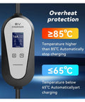 Portable EV Charger With 16 Amp And 32 Amp Super Fast Juice Delivery Delivering Steady 3.5 Kilowatt EVSE Power, showing display with temperature protection features.