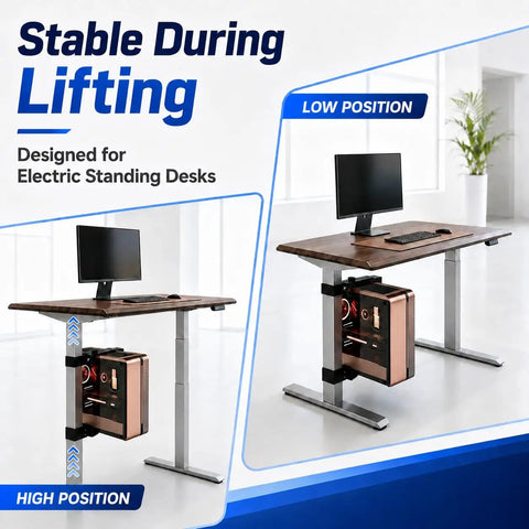 Slick Under Desk PC Mount Features A No Drill Hassle Setup For Standing Desks And Adjustable Workstations While Providing Dang Secure Grip For Your Computer CPU To Keep Your Home Office Clean.