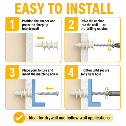 All In One Drywall Anchor Kit With Self Drilling Nylon Anchors And Screws, 300 Piece Set In Durable Organizer Case, Three Sizes For Quick No Sweat Mounting In Wood, Metal, And Drywall. install steps for drywall and hollow wall
