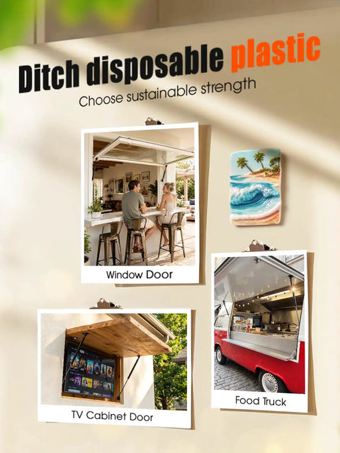 Image showcasing sustainable options for window doors, TV cabinet doors, and food truck lids, encouraging ditching disposable plastic.