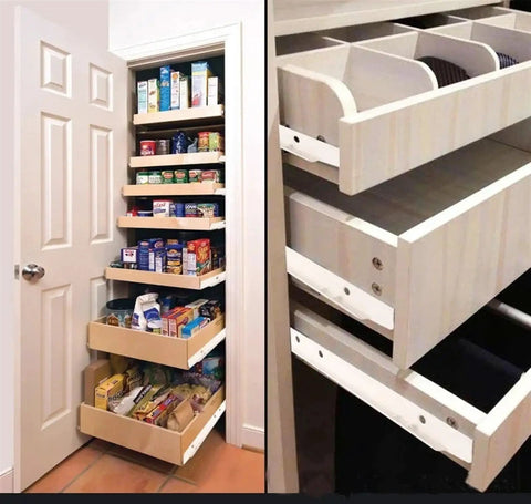Heavy Duty Side Mount Ball Bearing Drawer Slides 14 Inch Pair smooth drawer system in a pantry with food storage.