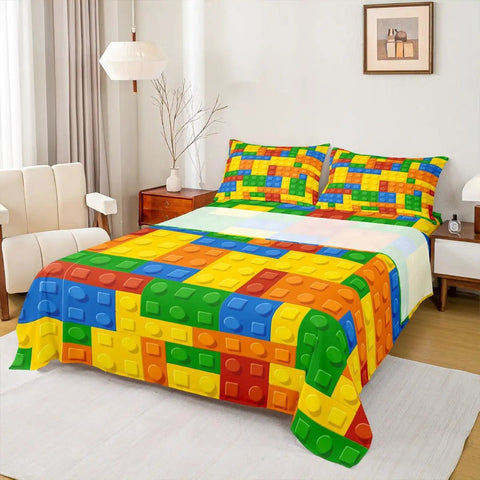 Twin Size Building Blocks Bed Sheet Set For Kids Kid Friendly Cozy Soft Breathable 3 Piece Bedding With Fitted Sheet Flat Sheet And Pillowcase colorful twin bed set