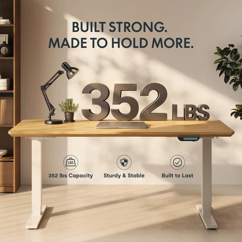 Top Shelf Solid White Oak Dual Motor Electric Standing Desk, Height Adjustable Ergonomic Office Table, Heavy Duty Quick Rise Base, 55 By 28 Inch Sturdy Work Surface For Boss Level Productivity with 352 lbs capacity feature.