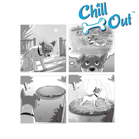Comic of a dog imagining playing on the Ultimate Outdoor Dog Splash Pad For Summer Fun 59 Inch Anti Slip Sprinkler Pool.