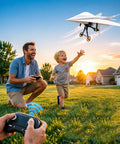 Father and child flying Electric Remote Control Paper Airplane Kit With Stabilizer And Dual Propellers in a park