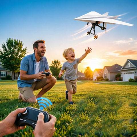 Father and child flying Electric Remote Control Paper Airplane Kit With Stabilizer And Dual Propellers in a park