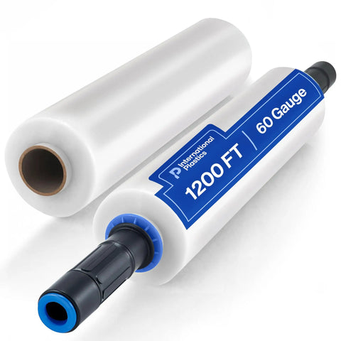 Two Pack 15 Inch Stretch Film With Extended Tension Handles 1200 Feet Each Five Hundred Percent Stretch Clear Cling Plastic Wrap