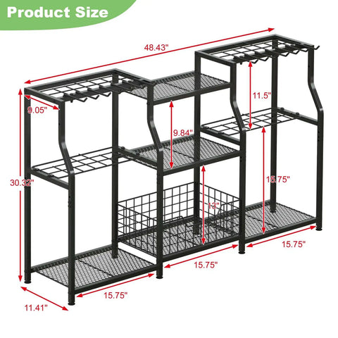 Diagram showing dimensions of Three Tier Garden Tool Organizer Rack Heavy Duty Utility Stand With Shelves Slots Baskets And Hooks