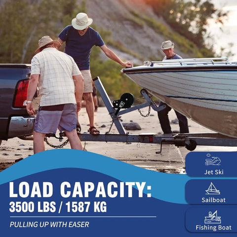 Beefy Heavy Duty Hand Winch for Boat Trailers 3500 Lbs with 33 Ft Polyester Strap in use on beach with two men and truck