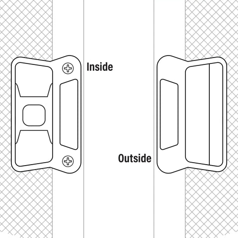 Diagram of sliding screen door latch and pull, inside and outside view, non-handed design, for 9/32 inch mounting holes.