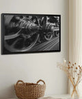 Steam Locomotive Wheels Canvas Poster Wall Art In Black And White, high-resolution train print, framed on wall, 24x36 inches