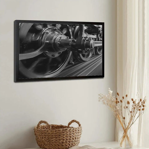 Steam Locomotive Wheels Canvas Poster Wall Art In Black And White, high-resolution train print, framed on wall, 24x36 inches