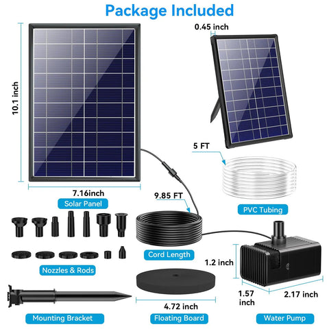 Package contents of 8W Solar Fountain Pump With Built In 3600mAh Battery For Bird Bath And Pond Water Feature including panels, nozzles, and tubing