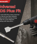 SDS Plus Masonry Chisel Set 4-Piece Pro Grade Heavy Duty Chisel Bits in hammer drill next to concrete wall