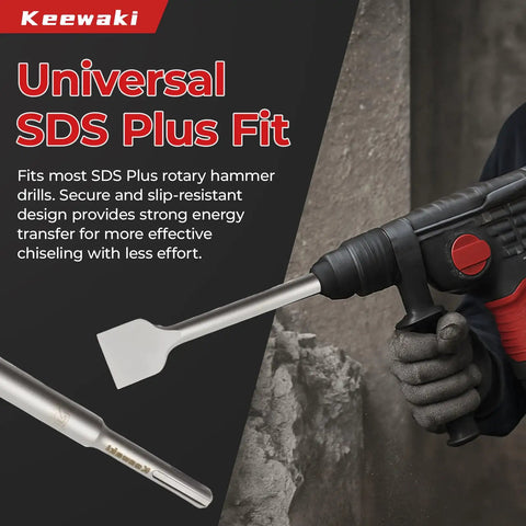 SDS Plus Masonry Chisel Set 4-Piece Pro Grade Heavy Duty Chisel Bits in hammer drill next to concrete wall