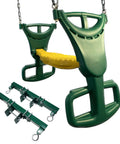 Back-To-Back Dual Glider Swing For Swing Sets Heavy Duty Two Person Tandem Swing with green seats, yellow footrest, and installation kit.