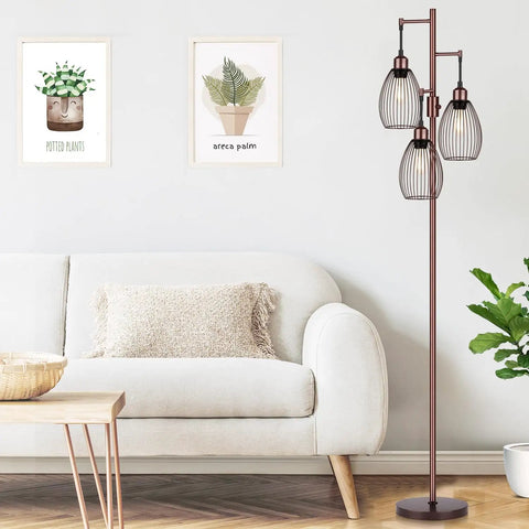 Dimmable Farmhouse Industrial Floor Lamp With Teardrop Cage Head, 70 Inch Tall, in living room next to sofa, brown finish.