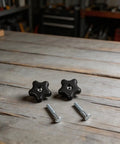 For Plum Handle Bolt And Knob Kit Perfect For Lawn Mowers And Snow Blowers Tough Replacement Parts to Get Your Outdoor Gear Back On The Road Fast. black star knobs with bolts on wooden surface
