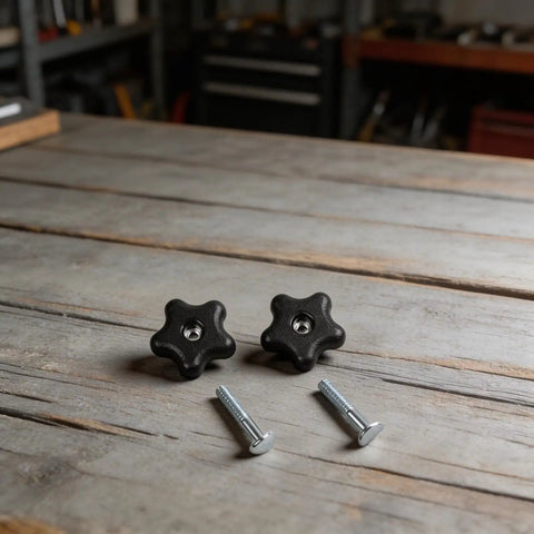 For Plum Handle Bolt And Knob Kit Perfect For Lawn Mowers And Snow Blowers Tough Replacement Parts to Get Your Outdoor Gear Back On The Road Fast. black star knobs with bolts on wooden surface
