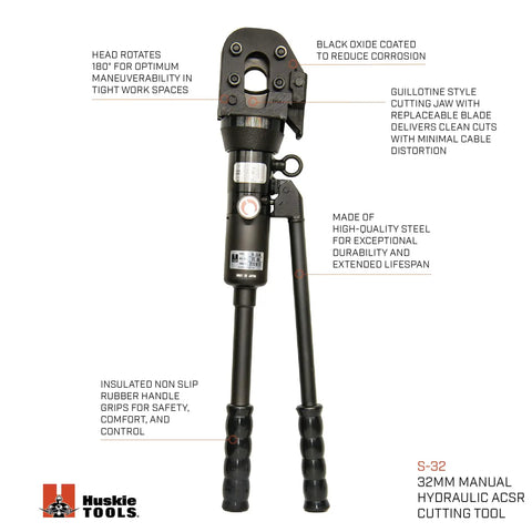 Beast 32mm Manual Hydraulic Cutter for ACSR Copper Aluminum and Wire Rope Up to 32mm with insulated rubber handle grips