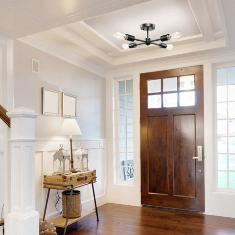 Vane Four Light Matte Black Flush Mount Ceiling Light With Open Socket Sputnik Style in a modern entryway