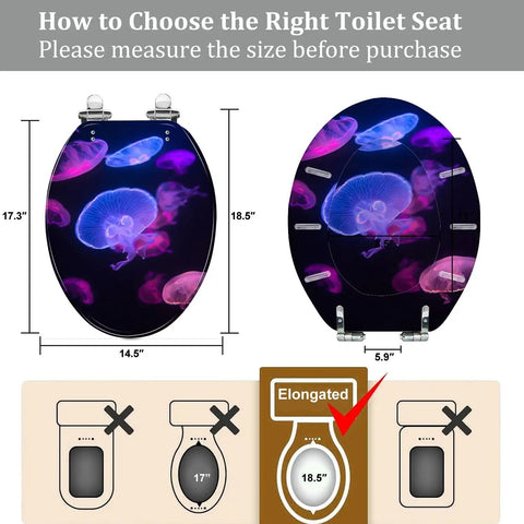 Elongated Toilet Seat Resin Quiet Close for Bathroom with size measurements 14.5" x 18.5" showing installation guide.