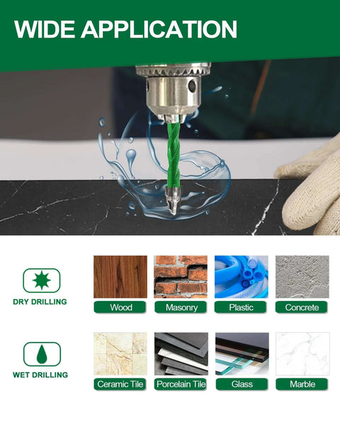 KURSTOL 10‑pc serrated masonry drill bit set; sizes 1/4, 5/16, 3/8, 1/2 in for wood, masonry, tile, plastic, glass.