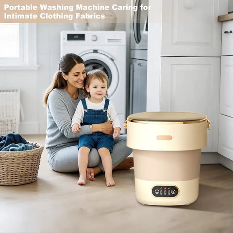 Portable Foldable Washing Machine 13 Liter Mini Washer With Spin Basket, compact design in beige, ideal for baby clothes.