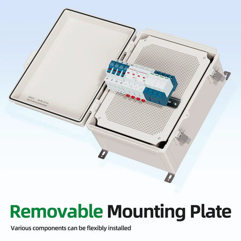 UL Listed Nema 6 Junction Box With Mounting Plate showing removable plate and wiring inside heavy duty grey enclosure.