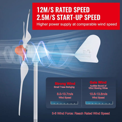 Side view of 800W 12V Wind Turbine Kit With MPPT Controller, 3-Blade Wind Power Generator in action, adjustable wind direction feature.