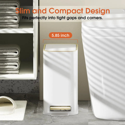 White 5L Slim Stainless Steel Trash Can With Gold Trimmed Lid, Pedal Lid, Soft Close, Removable Inner Bucket in bathroom setting