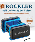 Self Centering Drill Vise With Hex Key For Pen Drilling, Keeps Stock Centered And Plumb, Portable Drill Guide For Woodworking, Fits Drill Press Or Portable Guides, Steel And Aluminum Construction shown with hex key on display box