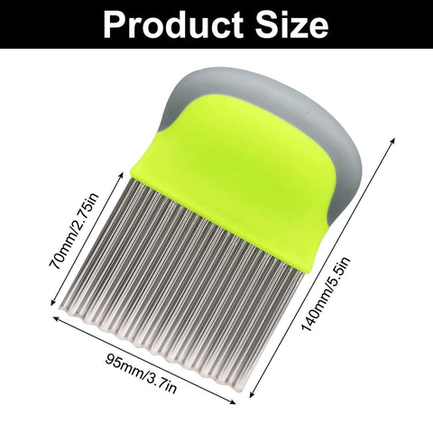 Vegetable crinkle cutter with green handle; stainless steel blade, angled view, about 5.5 inches long.