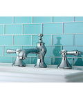 Widespread Lavatory Faucet With Brass Pop Up No Drip Ceramic Disc, Polished Chrome Finish, 8 To 16 Inch Spread, installed on sink