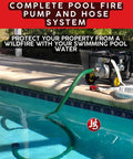 Portable Home Wildfire Protection Pump And Hose System next to pool with 12 ft suction hose and foot valve strainer visible