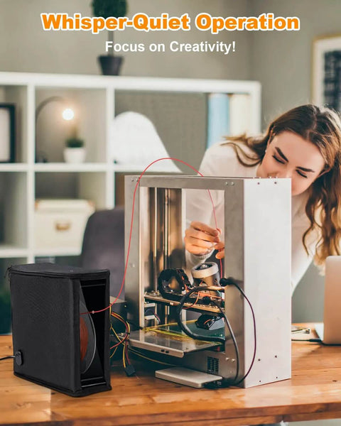 Active Print While Drying Filament Feeder And Dryer For 3D Printers, 25W Silent Warmer in use beside a desktop 3D printer