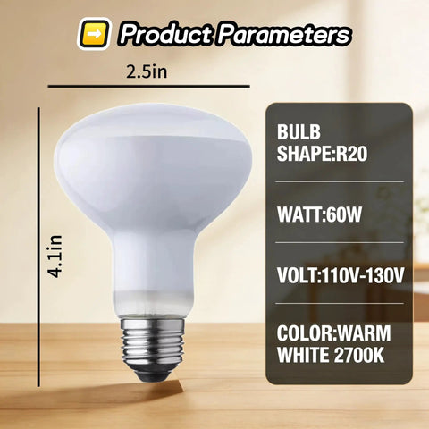 R20 60W Frosted Shatterproof Popcorn Machine Light Bulb Replacement No Fuss Easy Plug And Play Incandescent Reflector E26 Base For Warmer And Food Display Smooth Dimming 4 Pack Set, warm white 2700K