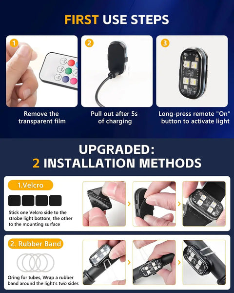 Instructions on using and installing the Upgraded 4 Pack Wireless LED Strobe Lights For Car Interior with remote and USB-C charging.