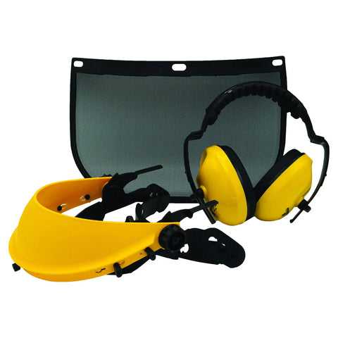 Heavy Duty Face Shield And Ear Muffs Combo With Removable Visor For Crew Job Site Protection And Yard Work Ppe In Safety Yellow And Black.