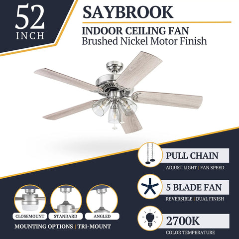 52 Inch Indoor Ceiling Fan With Light And LED, Tri Mount 5 Blade Modern Farmhouse Style in Gray Oak and Brown Walnut Finishes